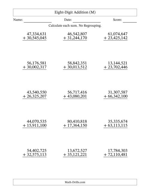 The Eight-Digit Addition With No Regrouping – 15 Questions – Comma Separated Thousands (M) Math Worksheet