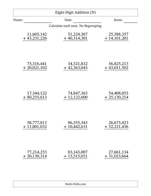 The Eight-Digit Addition With No Regrouping – 15 Questions – Comma Separated Thousands (N) Math Worksheet