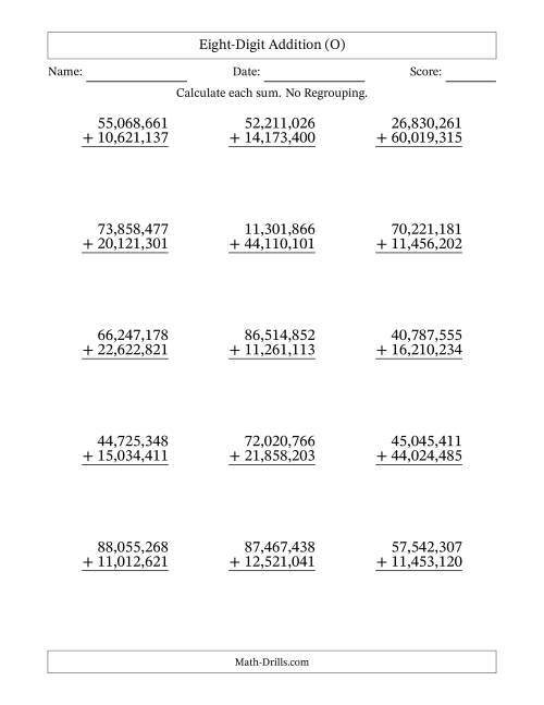 The Eight-Digit Addition With No Regrouping – 15 Questions – Comma Separated Thousands (O) Math Worksheet