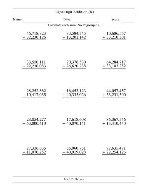 The Eight-Digit Addition With No Regrouping – 15 Questions – Comma Separated Thousands (R) Math Worksheet