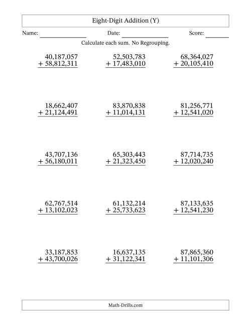 The Eight-Digit Addition With No Regrouping – 15 Questions – Comma Separated Thousands (Y) Math Worksheet