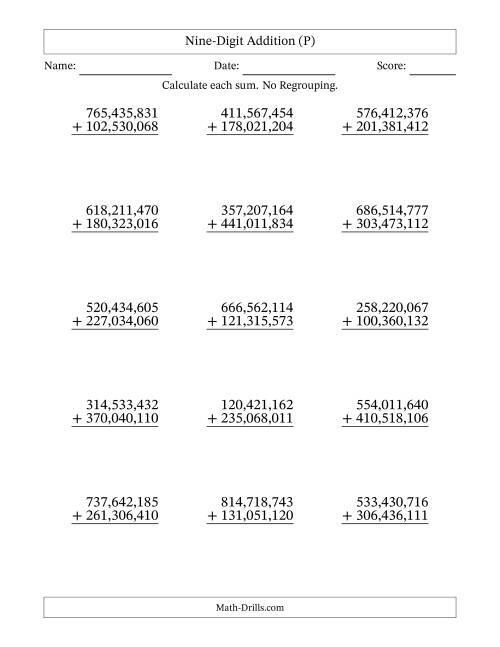 The Nine-Digit Addition With No Regrouping – 15 Questions – Comma Separated Thousands (P) Math Worksheet