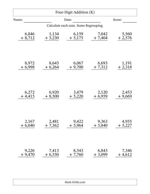 The Four-Digit Addition With Some Regrouping – 25 Questions – Comma Separated Thousands (K) Math Worksheet