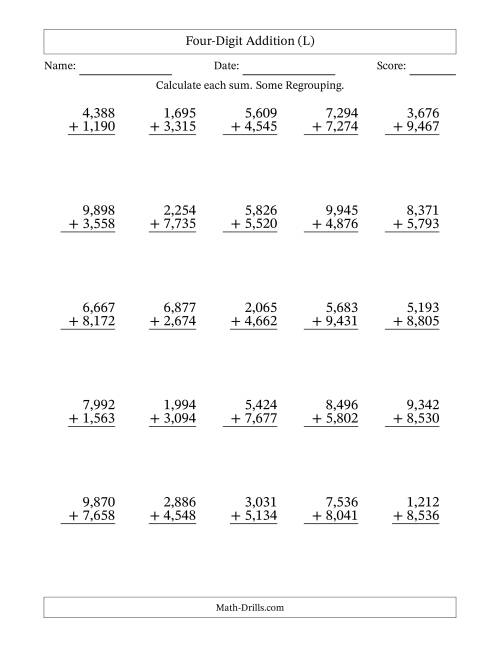 The Four-Digit Addition With Some Regrouping – 25 Questions – Comma Separated Thousands (L) Math Worksheet