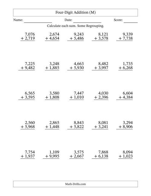 The Four-Digit Addition With Some Regrouping – 25 Questions – Comma Separated Thousands (M) Math Worksheet