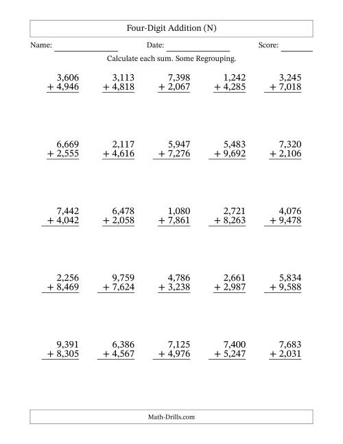 The Four-Digit Addition With Some Regrouping – 25 Questions – Comma Separated Thousands (N) Math Worksheet