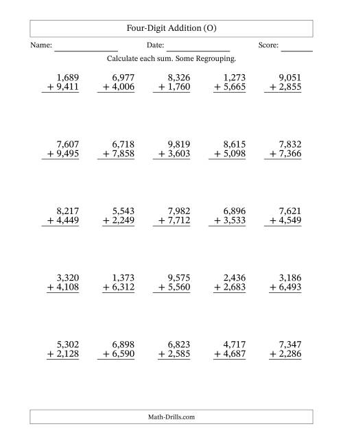 The Four-Digit Addition With Some Regrouping – 25 Questions – Comma Separated Thousands (O) Math Worksheet