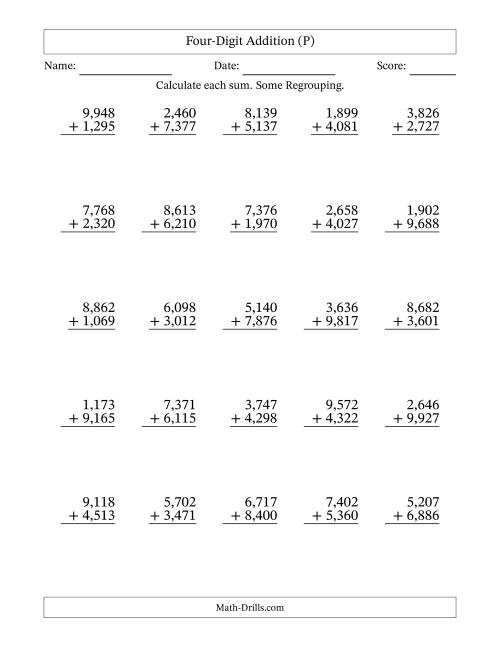 The Four-Digit Addition With Some Regrouping – 25 Questions – Comma Separated Thousands (P) Math Worksheet