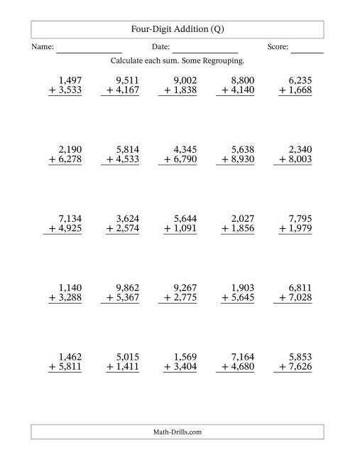 The Four-Digit Addition With Some Regrouping – 25 Questions – Comma Separated Thousands (Q) Math Worksheet