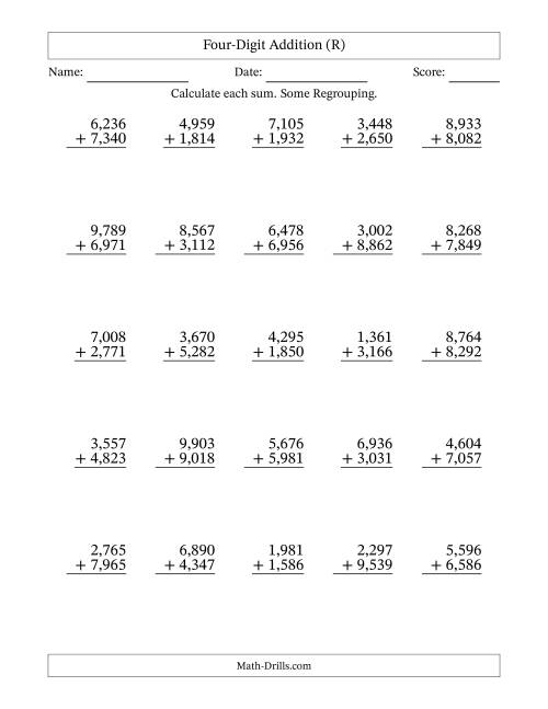 The Four-Digit Addition With Some Regrouping – 25 Questions – Comma Separated Thousands (R) Math Worksheet