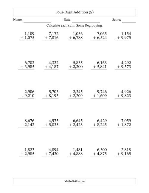 The Four-Digit Addition With Some Regrouping – 25 Questions – Comma Separated Thousands (S) Math Worksheet