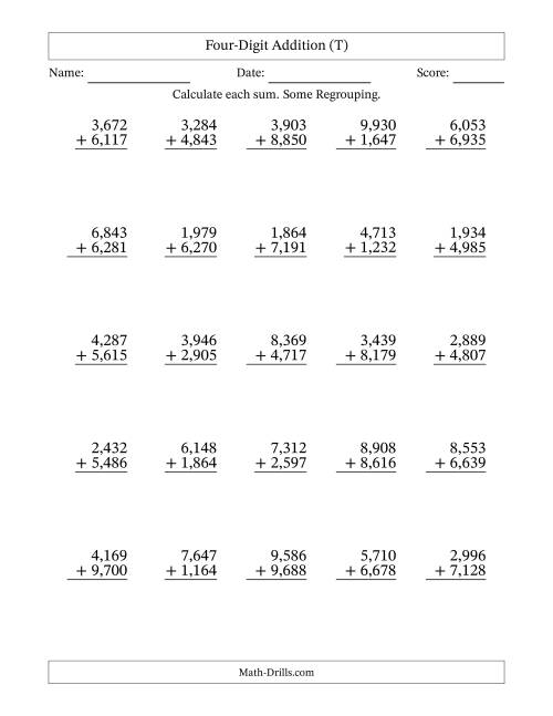 The Four-Digit Addition With Some Regrouping – 25 Questions – Comma Separated Thousands (T) Math Worksheet