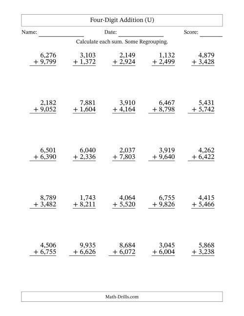 The Four-Digit Addition With Some Regrouping – 25 Questions – Comma Separated Thousands (U) Math Worksheet