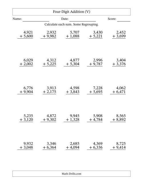 The Four-Digit Addition With Some Regrouping – 25 Questions – Comma Separated Thousands (V) Math Worksheet
