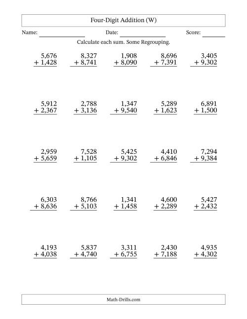 The Four-Digit Addition With Some Regrouping – 25 Questions – Comma Separated Thousands (W) Math Worksheet