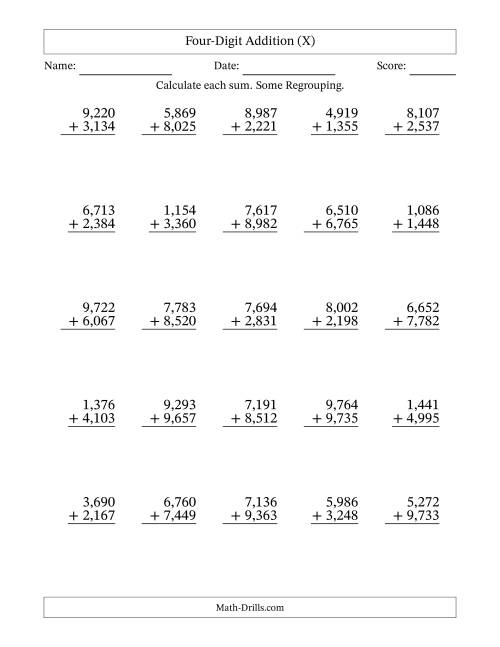 The Four-Digit Addition With Some Regrouping – 25 Questions – Comma Separated Thousands (X) Math Worksheet