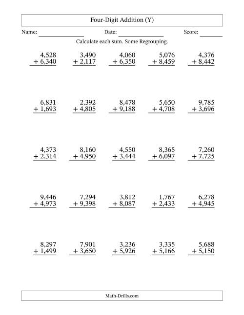 The Four-Digit Addition With Some Regrouping – 25 Questions – Comma Separated Thousands (Y) Math Worksheet