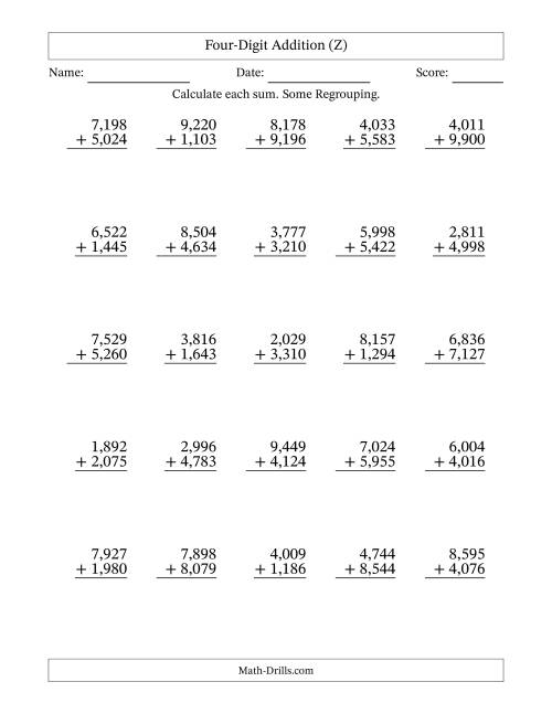 The Four-Digit Addition With Some Regrouping – 25 Questions – Comma Separated Thousands (Z) Math Worksheet