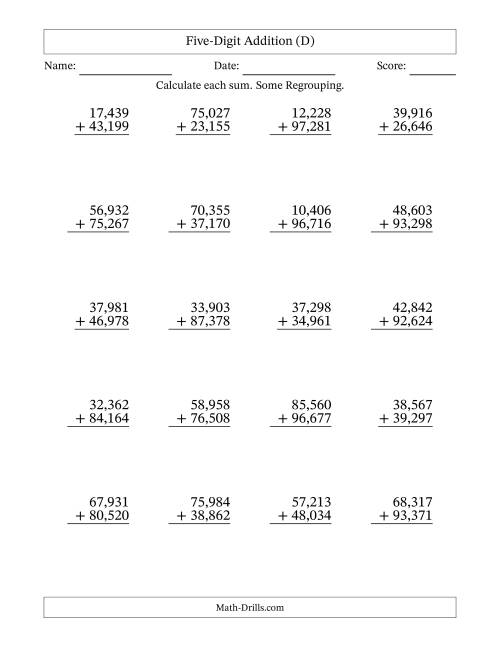 The Five-Digit Addition With Some Regrouping – 20 Questions – Comma Separated Thousands (D) Math Worksheet