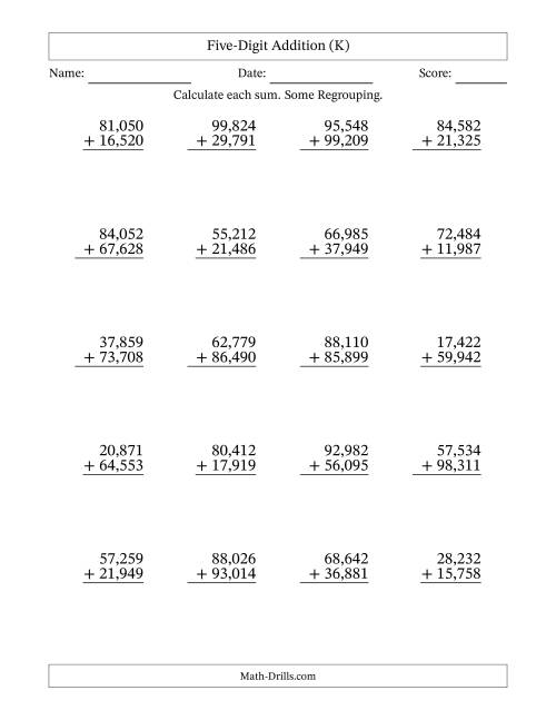 The Five-Digit Addition With Some Regrouping – 20 Questions – Comma Separated Thousands (K) Math Worksheet