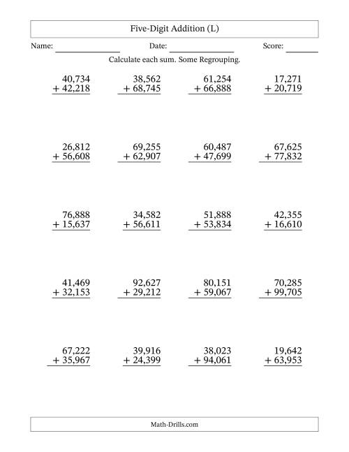The Five-Digit Addition With Some Regrouping – 20 Questions – Comma Separated Thousands (L) Math Worksheet