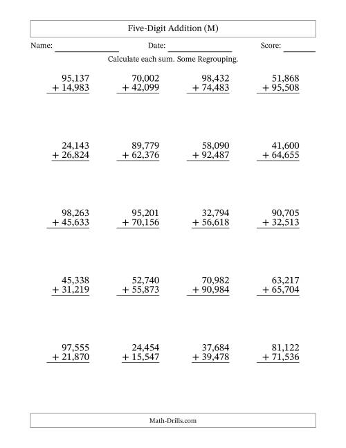 The Five-Digit Addition With Some Regrouping – 20 Questions – Comma Separated Thousands (M) Math Worksheet