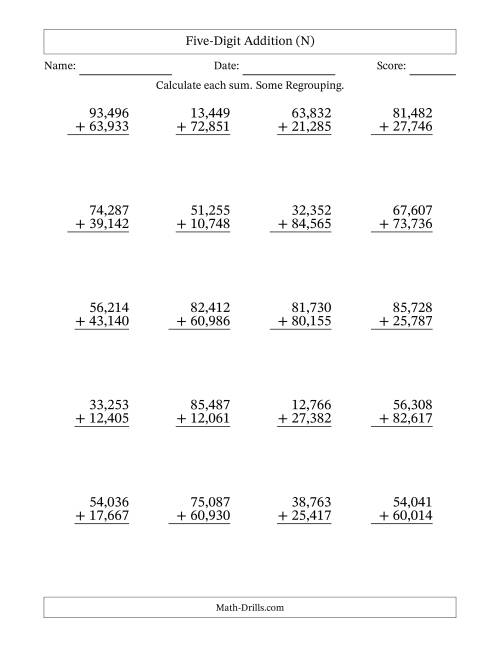 The Five-Digit Addition With Some Regrouping – 20 Questions – Comma Separated Thousands (N) Math Worksheet