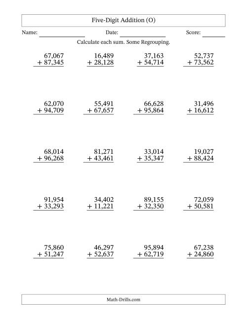 The Five-Digit Addition With Some Regrouping – 20 Questions – Comma Separated Thousands (O) Math Worksheet