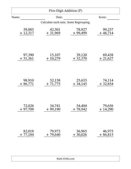 The Five-Digit Addition With Some Regrouping – 20 Questions – Comma Separated Thousands (P) Math Worksheet
