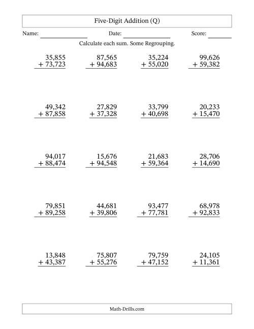 The Five-Digit Addition With Some Regrouping – 20 Questions – Comma Separated Thousands (Q) Math Worksheet