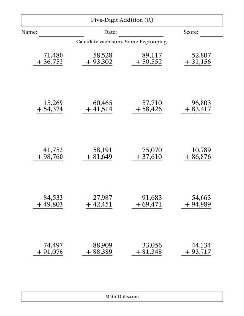 The Five-Digit Addition With Some Regrouping – 20 Questions – Comma Separated Thousands (R) Math Worksheet