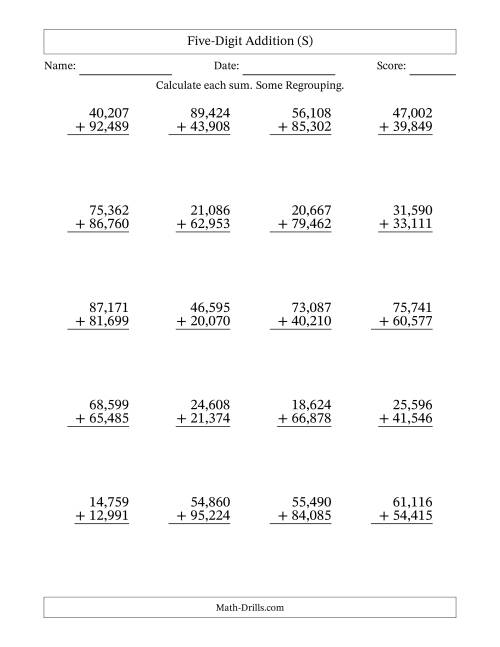 The Five-Digit Addition With Some Regrouping – 20 Questions – Comma Separated Thousands (S) Math Worksheet