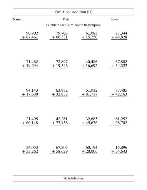 The Five-Digit Addition With Some Regrouping – 20 Questions – Comma Separated Thousands (U) Math Worksheet
