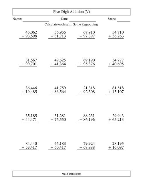 The Five-Digit Addition With Some Regrouping – 20 Questions – Comma Separated Thousands (V) Math Worksheet