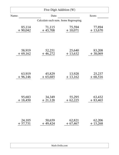 The Five-Digit Addition With Some Regrouping – 20 Questions – Comma Separated Thousands (W) Math Worksheet