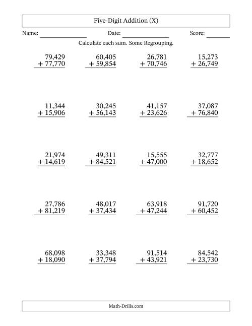 The Five-Digit Addition With Some Regrouping – 20 Questions – Comma Separated Thousands (X) Math Worksheet
