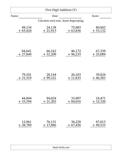 The Five-Digit Addition With Some Regrouping – 20 Questions – Comma Separated Thousands (Y) Math Worksheet