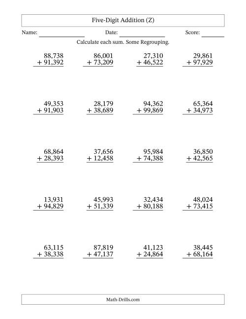 The Five-Digit Addition With Some Regrouping – 20 Questions – Comma Separated Thousands (Z) Math Worksheet