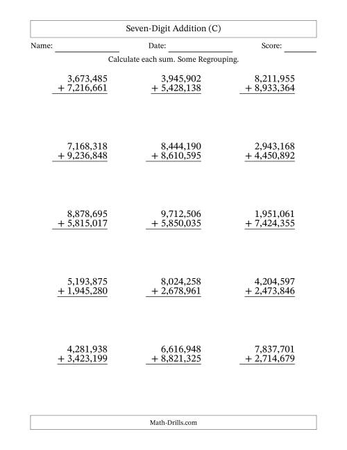 The Seven-Digit Addition With Some Regrouping – 15 Questions – Comma Separated Thousands (C) Math Worksheet