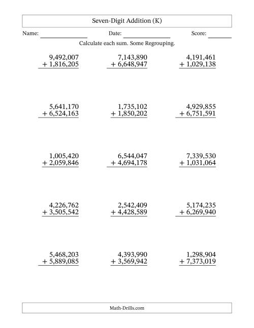 The Seven-Digit Addition With Some Regrouping – 15 Questions – Comma Separated Thousands (K) Math Worksheet