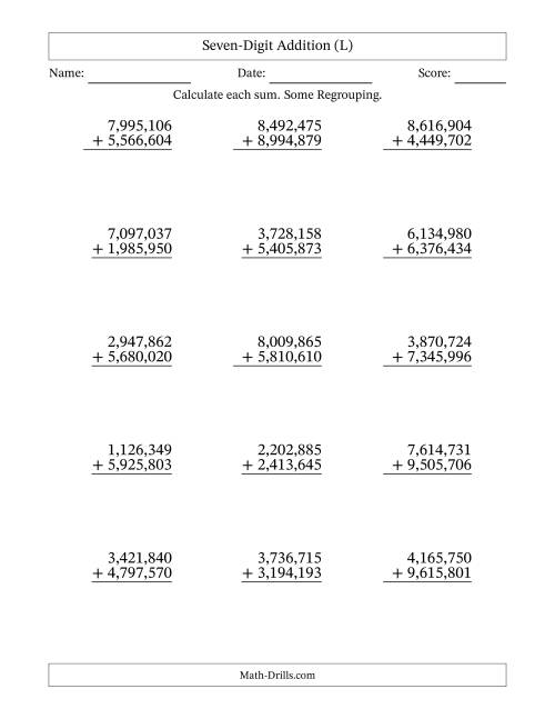 The Seven-Digit Addition With Some Regrouping – 15 Questions – Comma Separated Thousands (L) Math Worksheet
