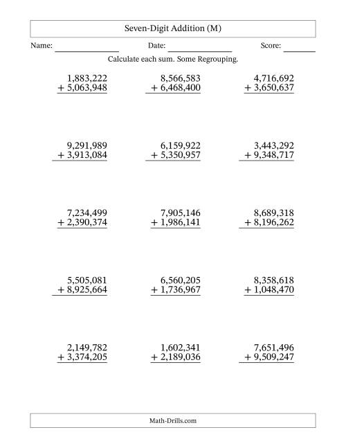 The Seven-Digit Addition With Some Regrouping – 15 Questions – Comma Separated Thousands (M) Math Worksheet