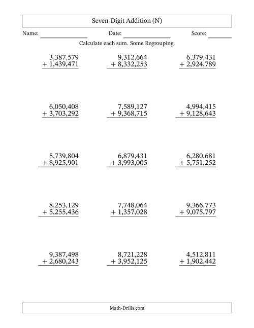 The Seven-Digit Addition With Some Regrouping – 15 Questions – Comma Separated Thousands (N) Math Worksheet
