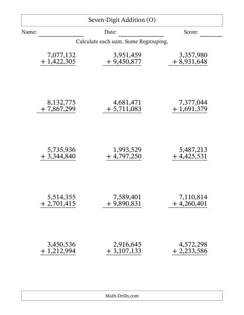 The Seven-Digit Addition With Some Regrouping – 15 Questions – Comma Separated Thousands (O) Math Worksheet