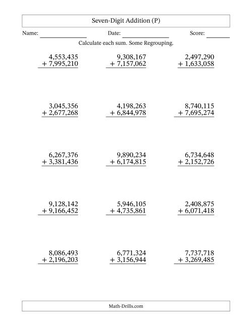 The Seven-Digit Addition With Some Regrouping – 15 Questions – Comma Separated Thousands (P) Math Worksheet