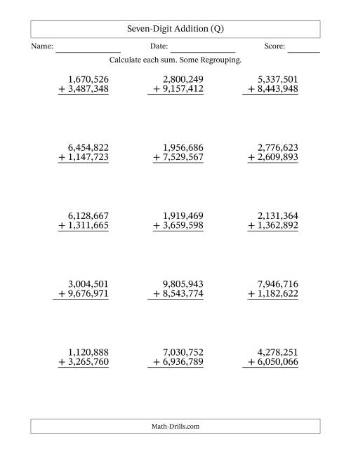 The Seven-Digit Addition With Some Regrouping – 15 Questions – Comma Separated Thousands (Q) Math Worksheet