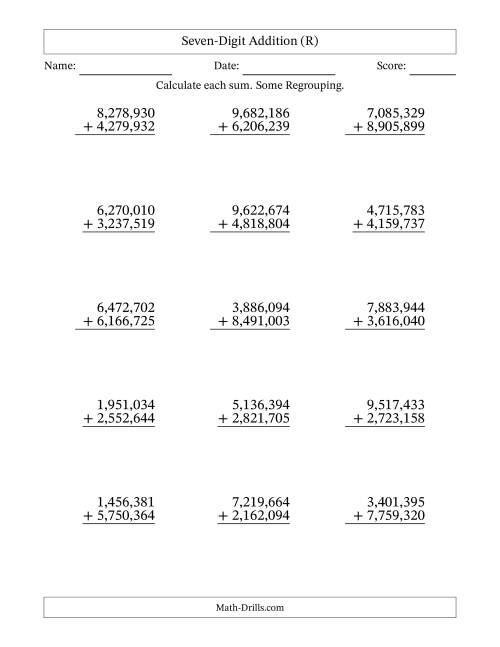 The Seven-Digit Addition With Some Regrouping – 15 Questions – Comma Separated Thousands (R) Math Worksheet
