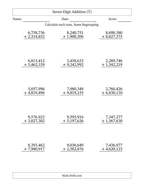 The Seven-Digit Addition With Some Regrouping – 15 Questions – Comma Separated Thousands (T) Math Worksheet