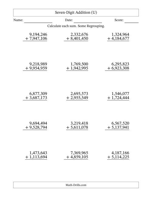 The Seven-Digit Addition With Some Regrouping – 15 Questions – Comma Separated Thousands (U) Math Worksheet