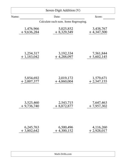 The Seven-Digit Addition With Some Regrouping – 15 Questions – Comma Separated Thousands (V) Math Worksheet